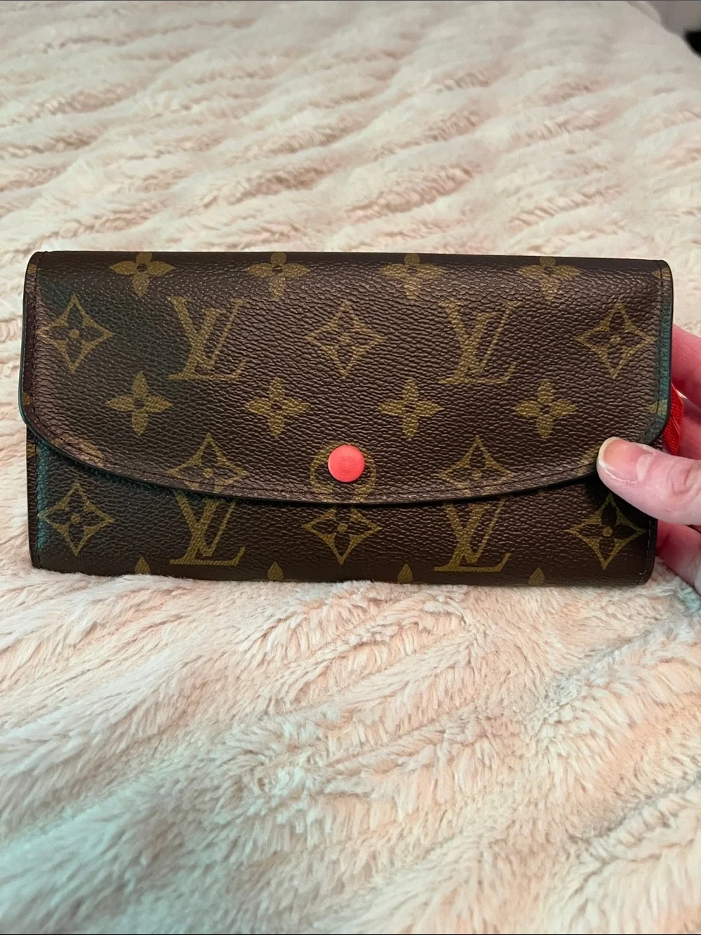Auth Louis Vuitton Monogram Continental Wallet in Brown with Coral Snap